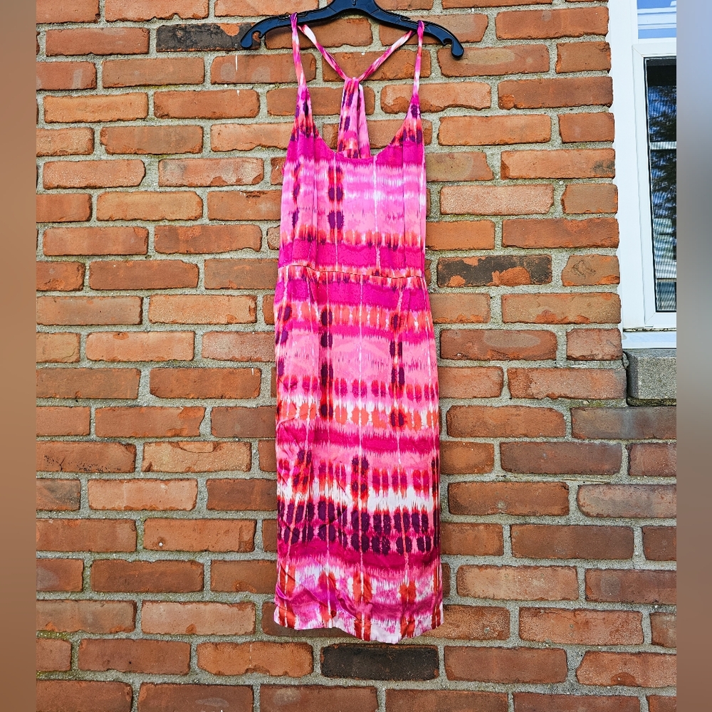 Banana Republic Pink Silk Blend Tie Dye Midi Dress Women’s Size 12 Pockets Twist